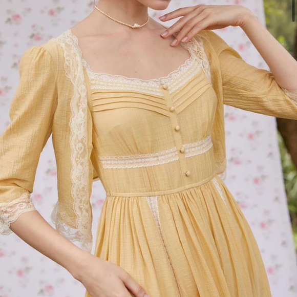Yellow Lace-Trim Midi Dress with Cardigan - Picture 2 of 12